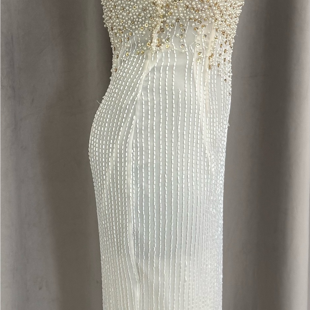 Alyce Designs White Pearl-Embellished Evening Cocktail Prom Dress Size Medium